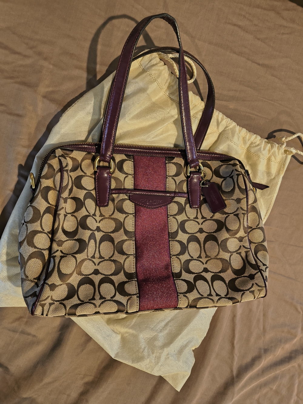 Vintage Coach Khaki Signature Canvas Satchel with Wine Stripe and Handles